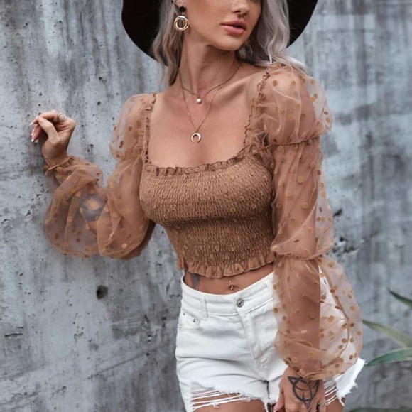 Tops - camel polka dot sheer sleeve crop boho top